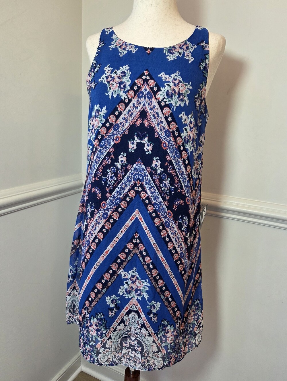 By & By NWT S Blue Boho Scarf Print Paisley Floral Shift Dress Resort